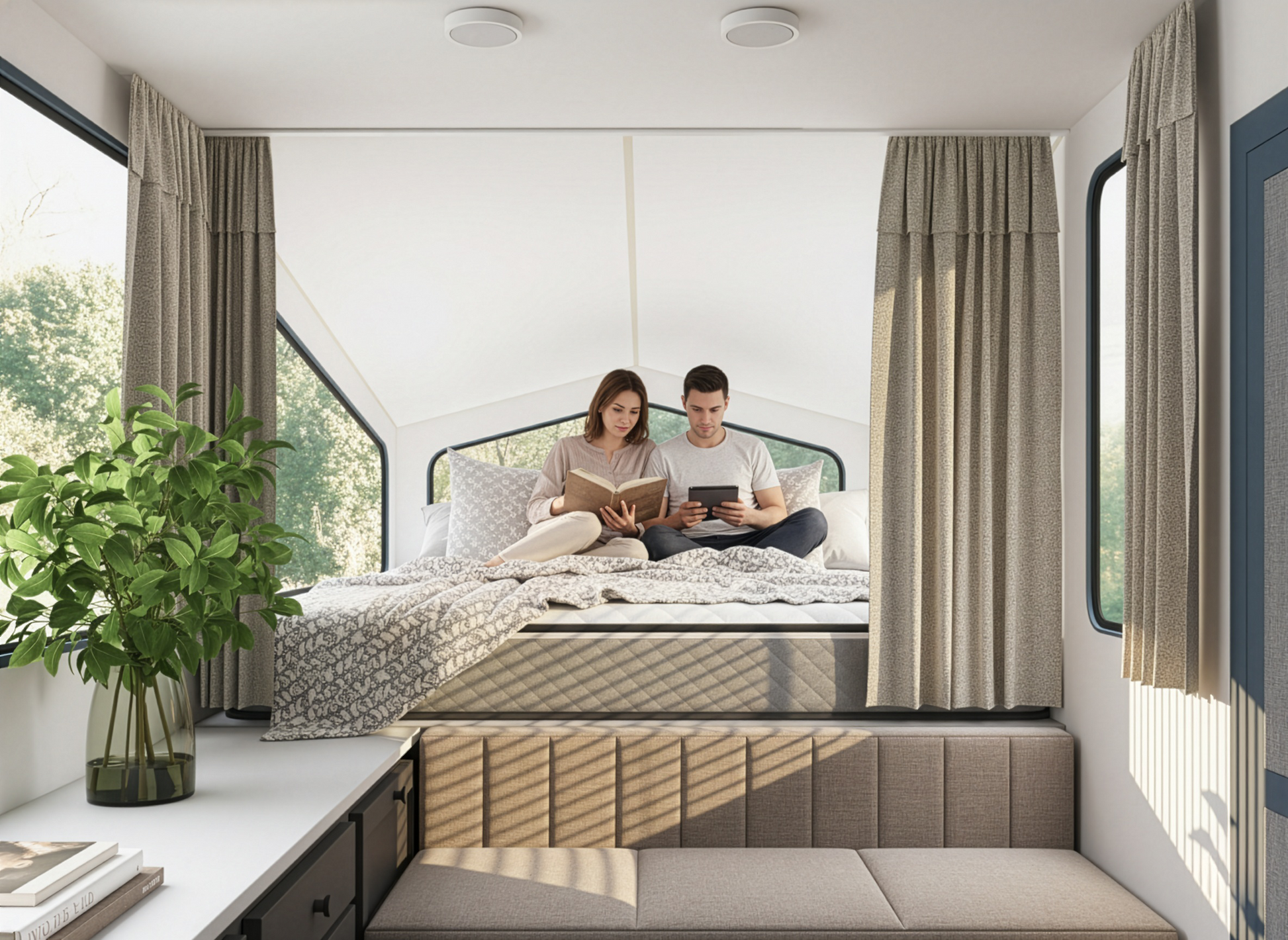 two people reading sitting on an rv mattress in a pop up camper