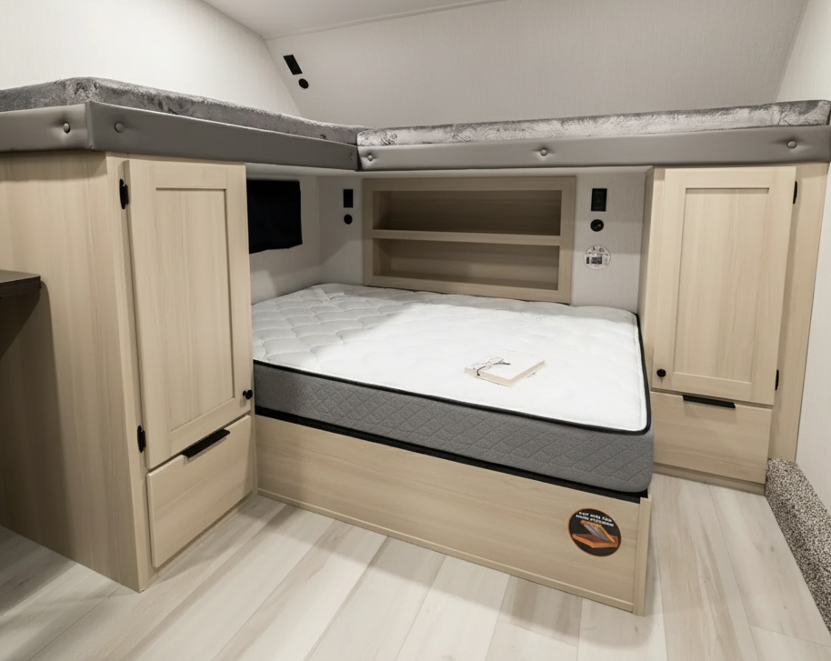 Compact bedroom setup with a bed, cabinets, and shelves in a small space.